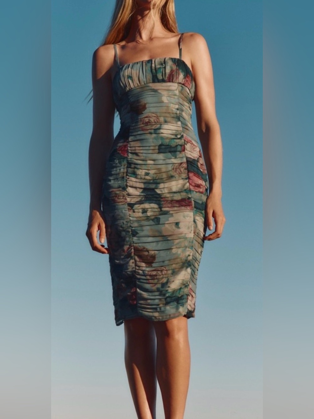 Zara Floral Printed Ruched Midi Dress Teal Blue, Green and Rose Pink Size S NWOT